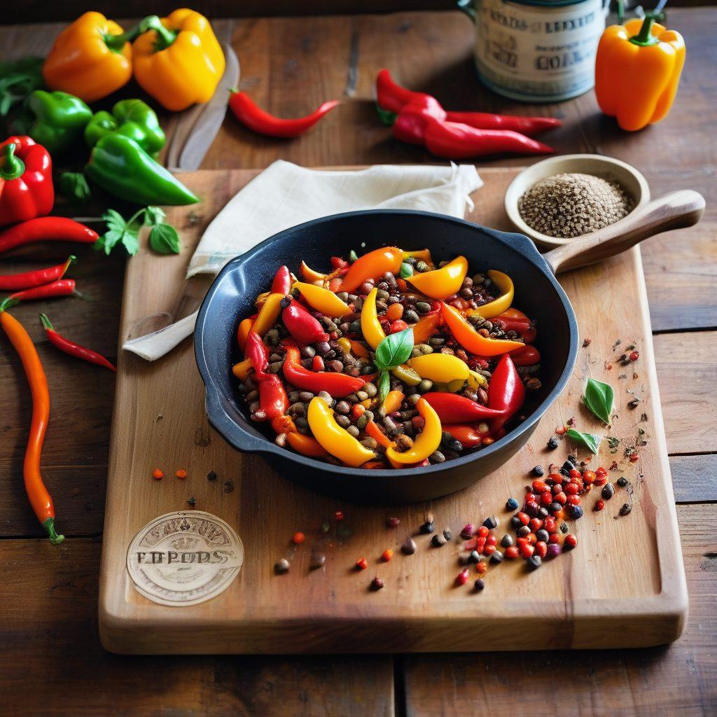 A vibrant kitchen filled with an array of colorful peppers hanging from rustic wooden beams. A wooden cutting board is adorned with finely chopped spices and a scattering of pepper seeds, while bright, fresh ingredients surround a sizzling pan. In the background, a world map is subtly integrated, highlighting regions famous for their peppers. The ambiance is warm and inviting, encouraging culinary exploration. super-realistic. vibrant colors. rustic style.