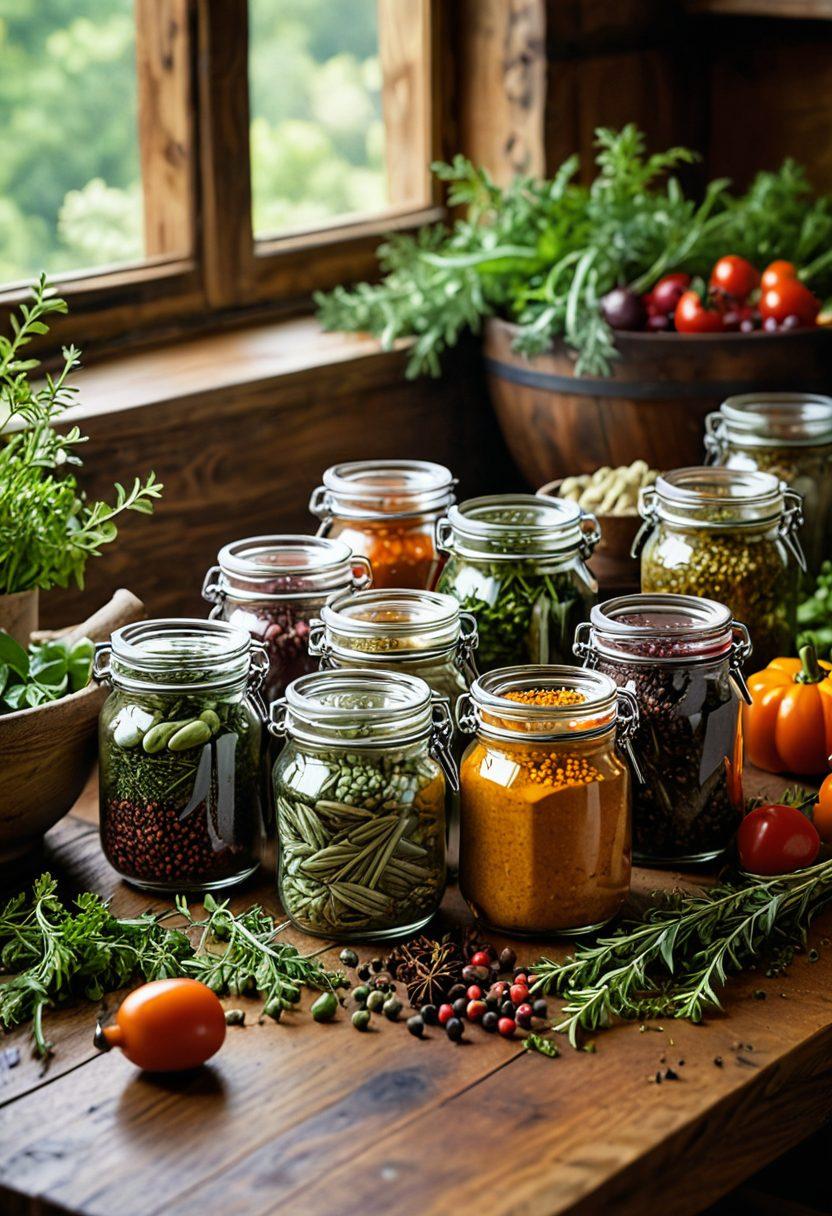 A beautifully arranged selection of gourmet spices in ornate glass jars, surrounded by vivid herbs and fresh vegetables, with a rustic wooden table backdrop. Highlight vibrant colors and textures, showcasing a sprinkle of spice being tossed into a pan, evoking a sense of warmth and creativity in cooking. super-realistic. vibrant colors. cozy kitchen ambiance.
