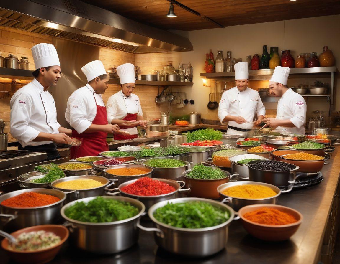 A dynamic kitchen scene showcasing a diverse group of chefs skillfully preparing gourmet dishes, surrounded by vibrant jars of aromatic condiments and fresh herbs. Include a variety of utensils, colorful spices, and an inviting atmosphere with warm lighting and steam rising from the cooking pots. Capture the essence of culinary mastery and creativity. super-realistic. vibrant colors.